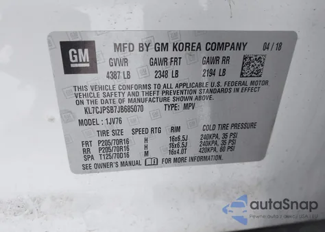 2018 Chevrolet Trax Lt from USA, damaged, VIN KL7CJPSB7JB685070